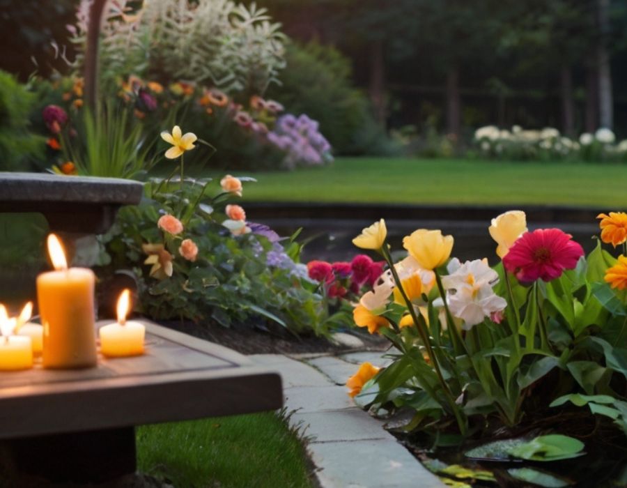 a memorial garden with lit candles on a table