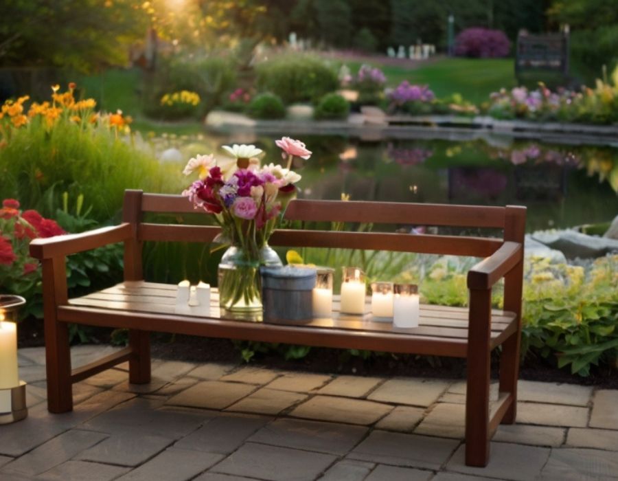 a peaceful pond, and a memorial bench with candles and flowers in the background