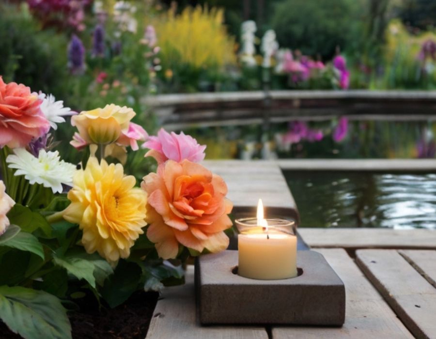 a garden with lit candles