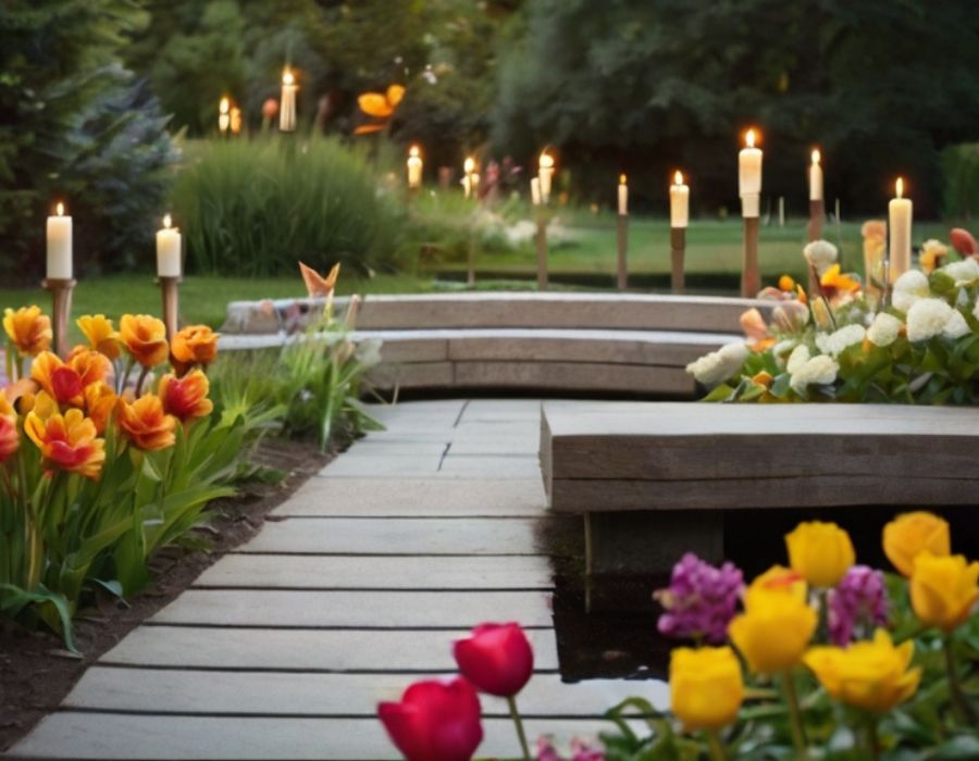 a memorial garden with lit candles